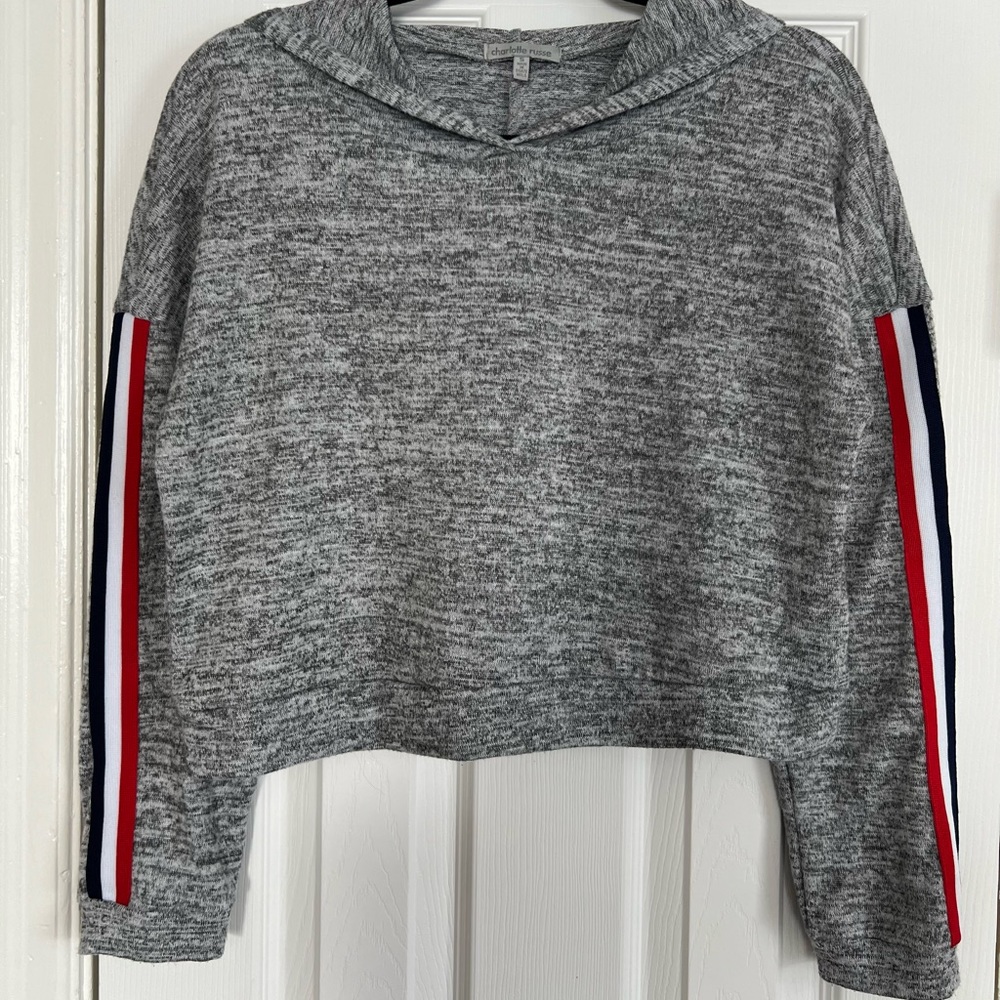 Grey Charlotte Russe Cropped Hoodie with White, Red, and Navy Sleeve Stripe